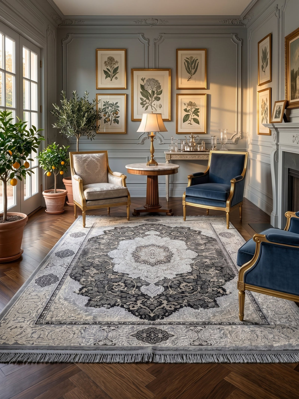 Gray & Gold Cream-Border Persian Rug styled in a room — Stylish Rugs & Carpets, Sacramento