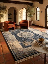 Navy & Cream Medallion Persian Rug rug styled in a Sacramento home — Stylish Rugs & Carpets