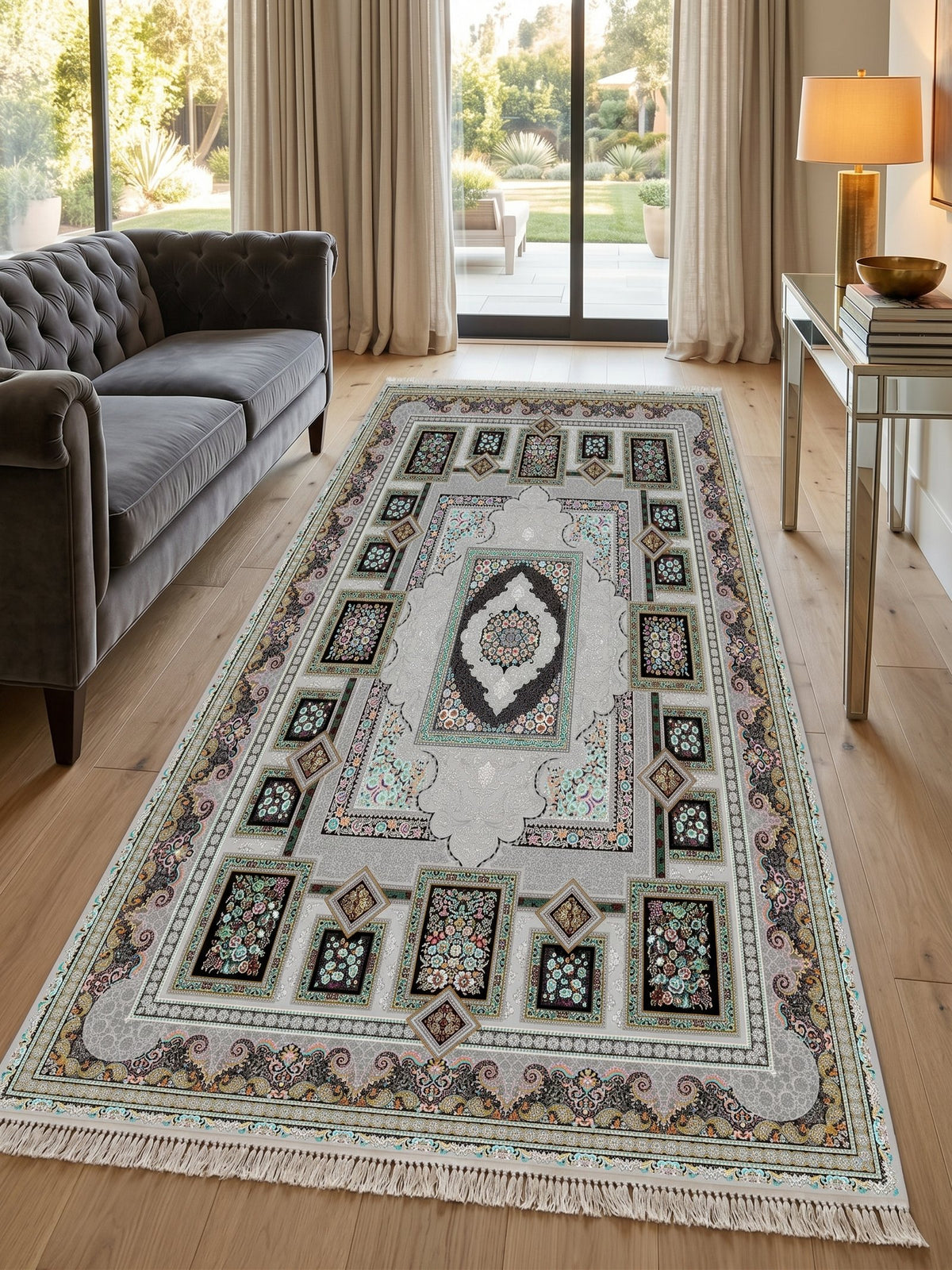 Silver Panel Persian Rug · 1200 Reeds — size 3x13 Feet (91x400 cm) 4Meters Runner shown to scale in a living room — Stylish Rugs & Carpets, Sacramento