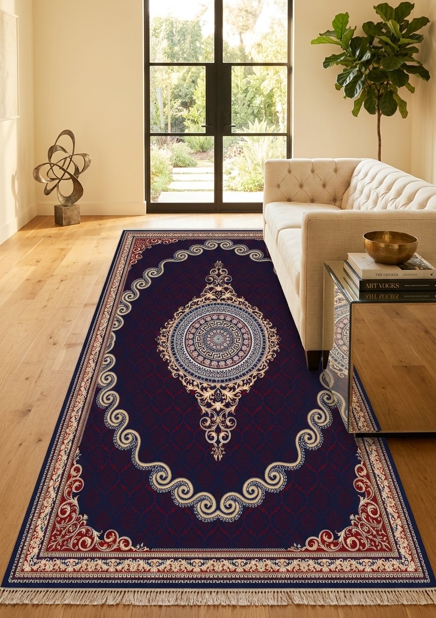 Red & Gold Scroll Persian Rug · 1200 Reeds — size 3x6Feet (91x200cm)  2Meters Runner shown to scale in a living room — Stylish Rugs & Carpets, Sacramento