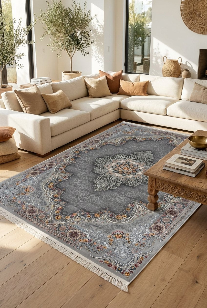 Light Gray Medallion Persian Rug · 1200 Reeds — size 3x6Feet (91x200cm)  2Meters Runner shown to scale in a living room — Stylish Rugs & Carpets, Sacramento