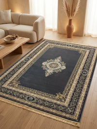 Dark Gray & Gold Darbar Persian Rug styled in a room — Stylish Rugs & Carpets, Sacramento