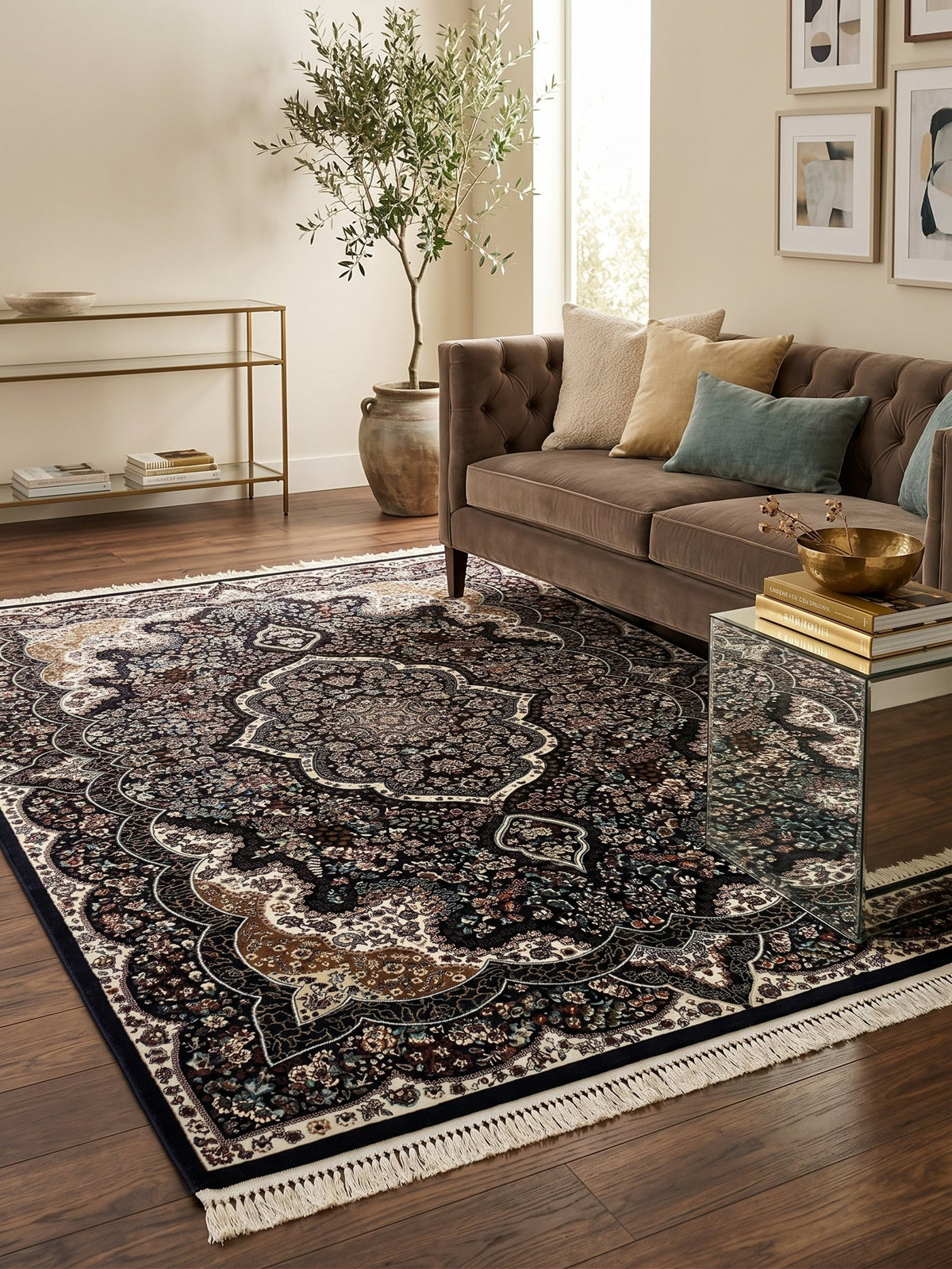 Kashan Persian Rug, Navy — 1200 Reeds styled in a room — Stylish Rugs & Carpets, Sacramento