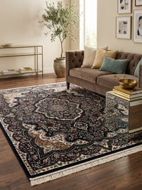 Kashan Persian Rug, Navy — 1200 Reeds styled in a room — Stylish Rugs & Carpets, Sacramento