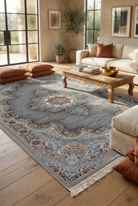 Light Gray Medallion Persian Rug · 1200 Reeds — size 6.5x10 Feet (200x300 cm) 6Meters shown to scale in a living room — Stylish Rugs & Carpets, Sacramento