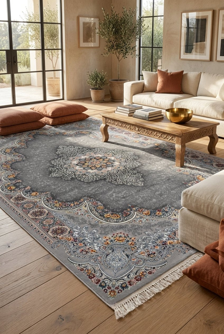 Light Gray Medallion Persian Rug · 1200 Reeds — size 6.5x10 Feet (200x300 cm) 6Meters shown to scale in a living room — Stylish Rugs & Carpets, Sacramento