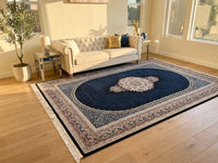 Navy Medallion Persian Rug · 1200 Reeds — size 10x13 Feet (300x400 cm) 12Meters shown to scale in a living room — Stylish Rugs & Carpets, Sacramento