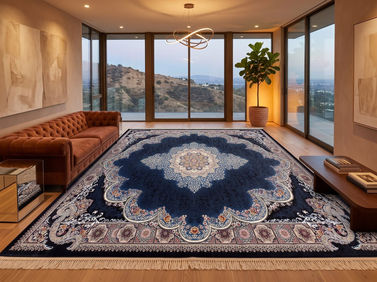 Navy Ornate Arch Medallion Persian Rug · 1200 Reeds styled in a room — Stylish Rugs & Carpets, Sacramento