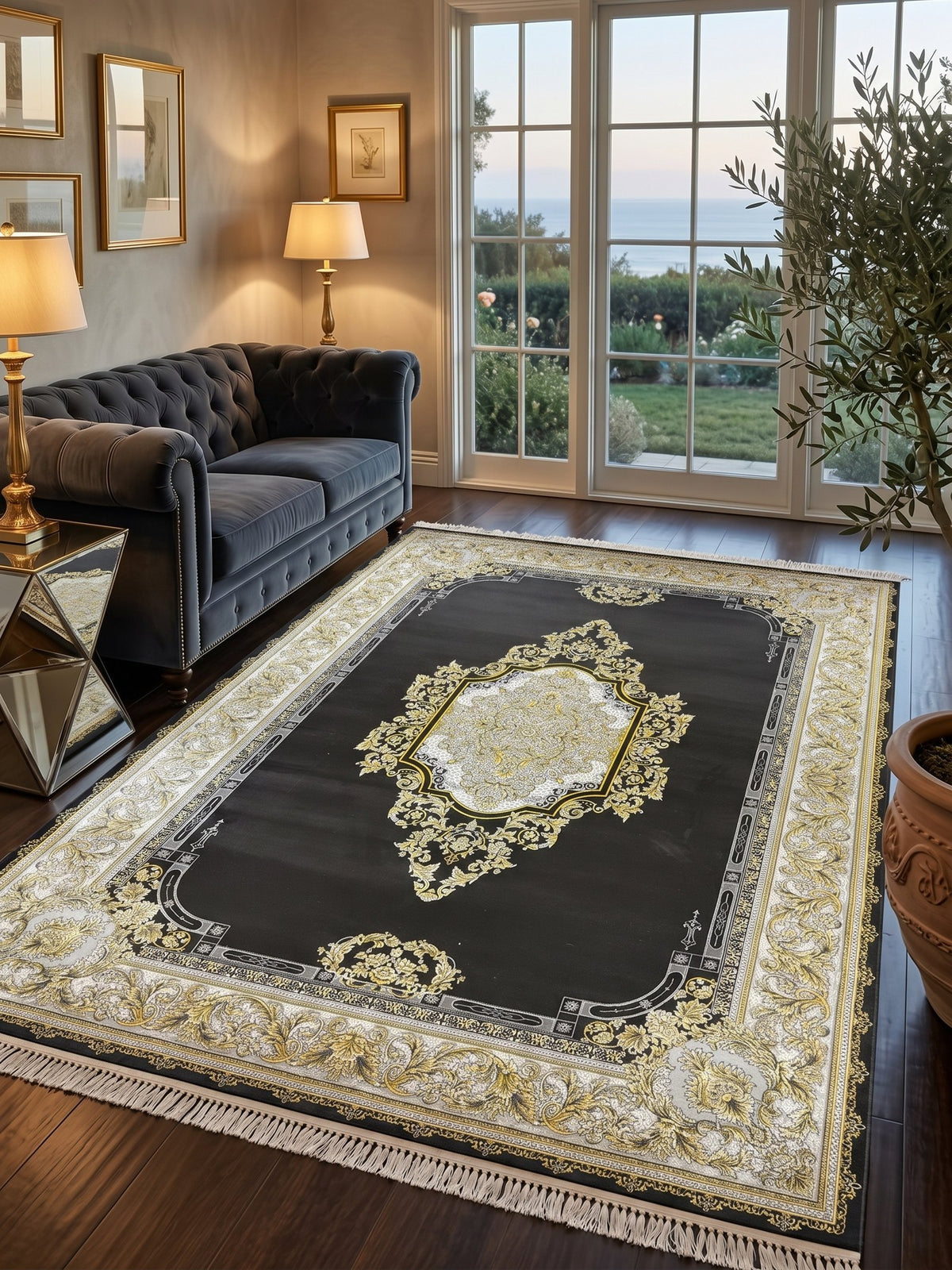 Gold Medallion Shah Persian Rug styled in a room — Stylish Rugs & Carpets, Sacramento