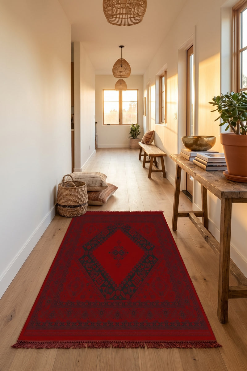 Red and black open diamond Turkish rug, design 05368A — Stylish Rugs & Carpets, Sacramento