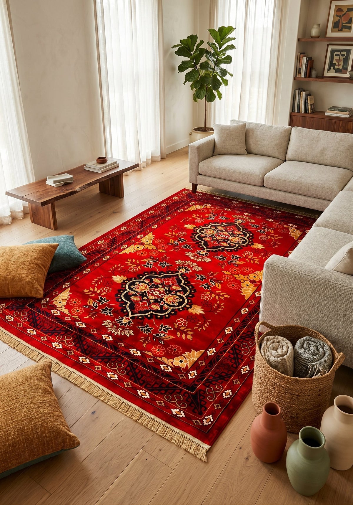 Afghan Red Tribal Persian Rug · 1200 Reeds styled in a room — Stylish Rugs & Carpets, Sacramento