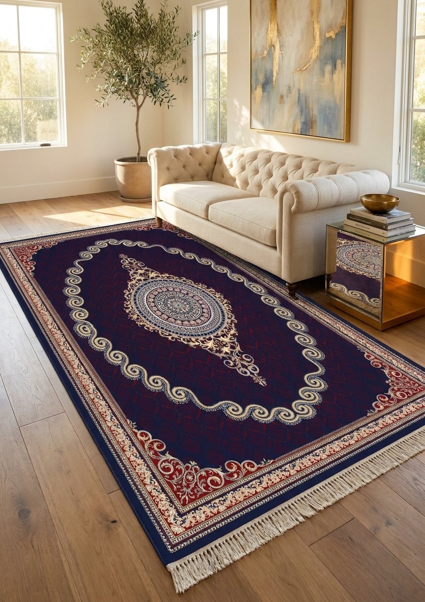 Red & Gold Scroll Persian Rug · 1200 Reeds — size 3x10Feet (91x300cm)  3Meters Runner shown to scale in a living room — Stylish Rugs & Carpets, Sacramento