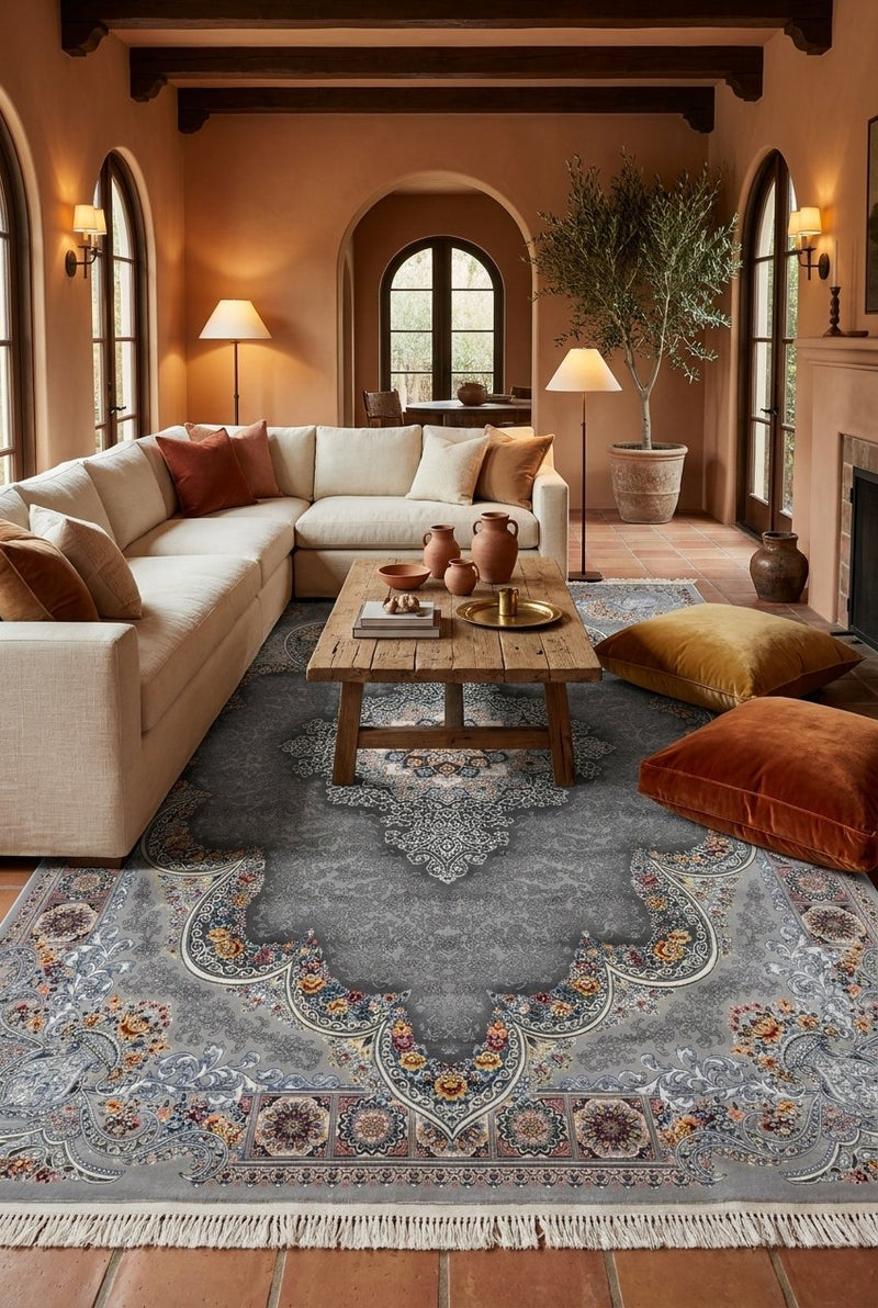 2026 Luxury Traditional Persian-Inspired Rug Light Gray Ornate Medallion Arch Design 1200 Reeds