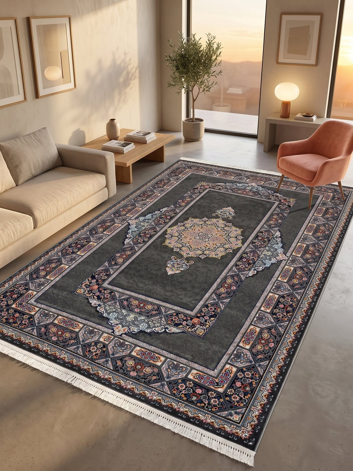 Dark Gray Traditional Medallion Persian Rug · 1200 Reeds — size 3x10Feet (91x300cm)  3Meters Runner shown to scale in a living room — Stylish Rugs & Carpets, Sacramento