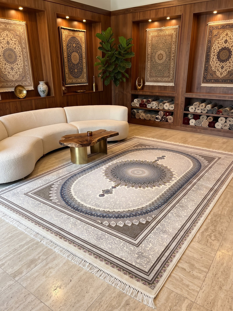 2026 Luxury Persian-Inspired Traditional Rug Cream Gold Blue Medallion 1200 Reeds