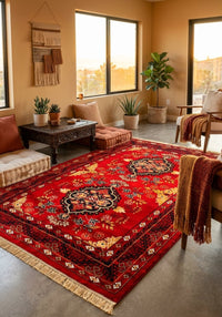 Afghan Red Tribal Persian Rug · 1200 Reeds — area rug styled in a room, Stylish Rugs & Carpets, Sacramento