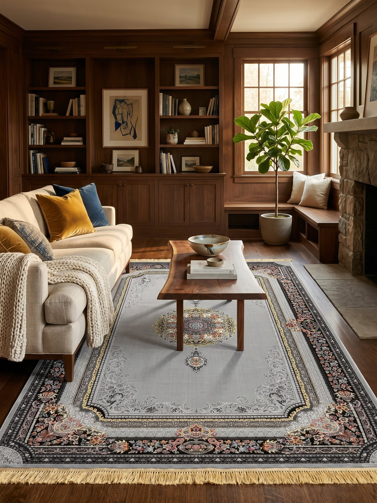 Light Gray Medallion Persian Rug styled in a room — Stylish Rugs & Carpets, Sacramento