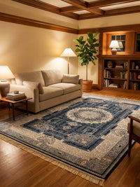 Navy & Cream Medallion Persian Rug rug styled in a Sacramento home — Stylish Rugs & Carpets