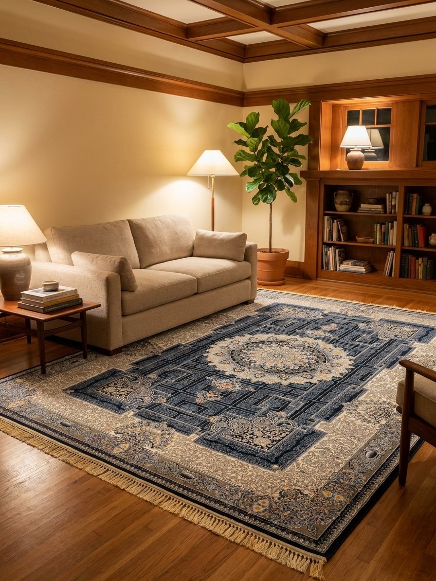 Navy & Cream Medallion Persian Rug rug styled in a Sacramento home — Stylish Rugs & Carpets