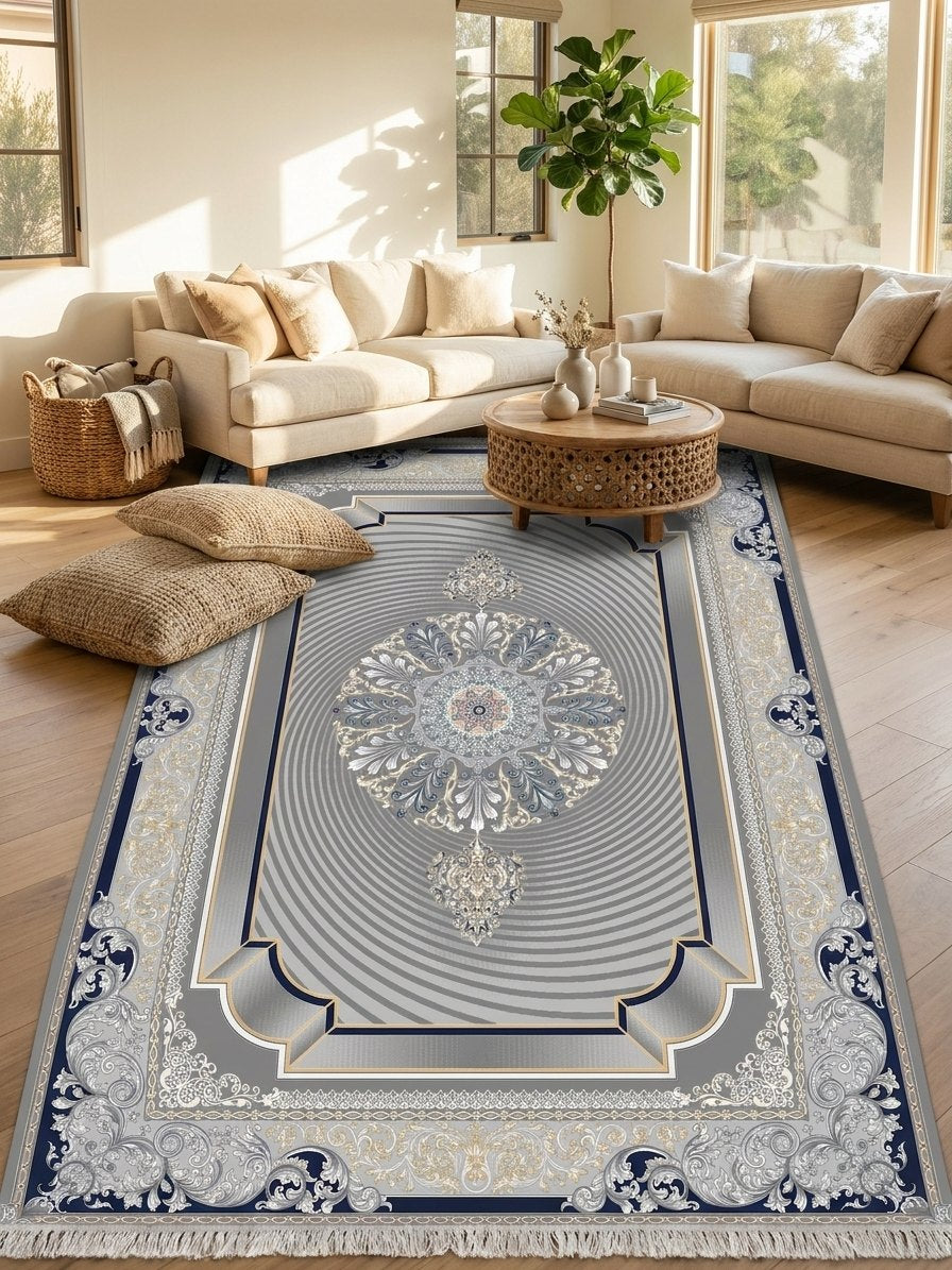 Dark Gray 3D Persian Rug · 1200 Reeds — size 10x13 Feet (300x400 cm) 12Meters shown to scale in a living room — Stylish Rugs & Carpets, Sacramento