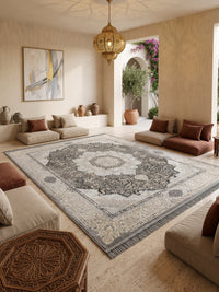 Gray, Gold & Cream Medallion Persian Rug styled in a room — Stylish Rugs & Carpets, Sacramento