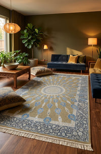 Gold & Blue Radiating Boteh Rug - Shadow Art Silk — area rug styled in a room, Stylish Rugs & Carpets, Sacramento