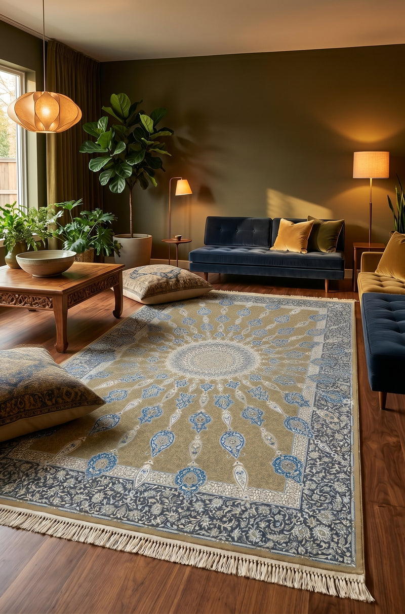 Gold & Blue radiating boteh rug from the Shadow line, Art Silk pile