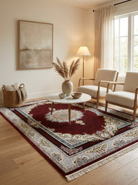 Crimson Red Floral Medallion Turkish Rug rug styled in a Sacramento home — Stylish Rugs & Carpets