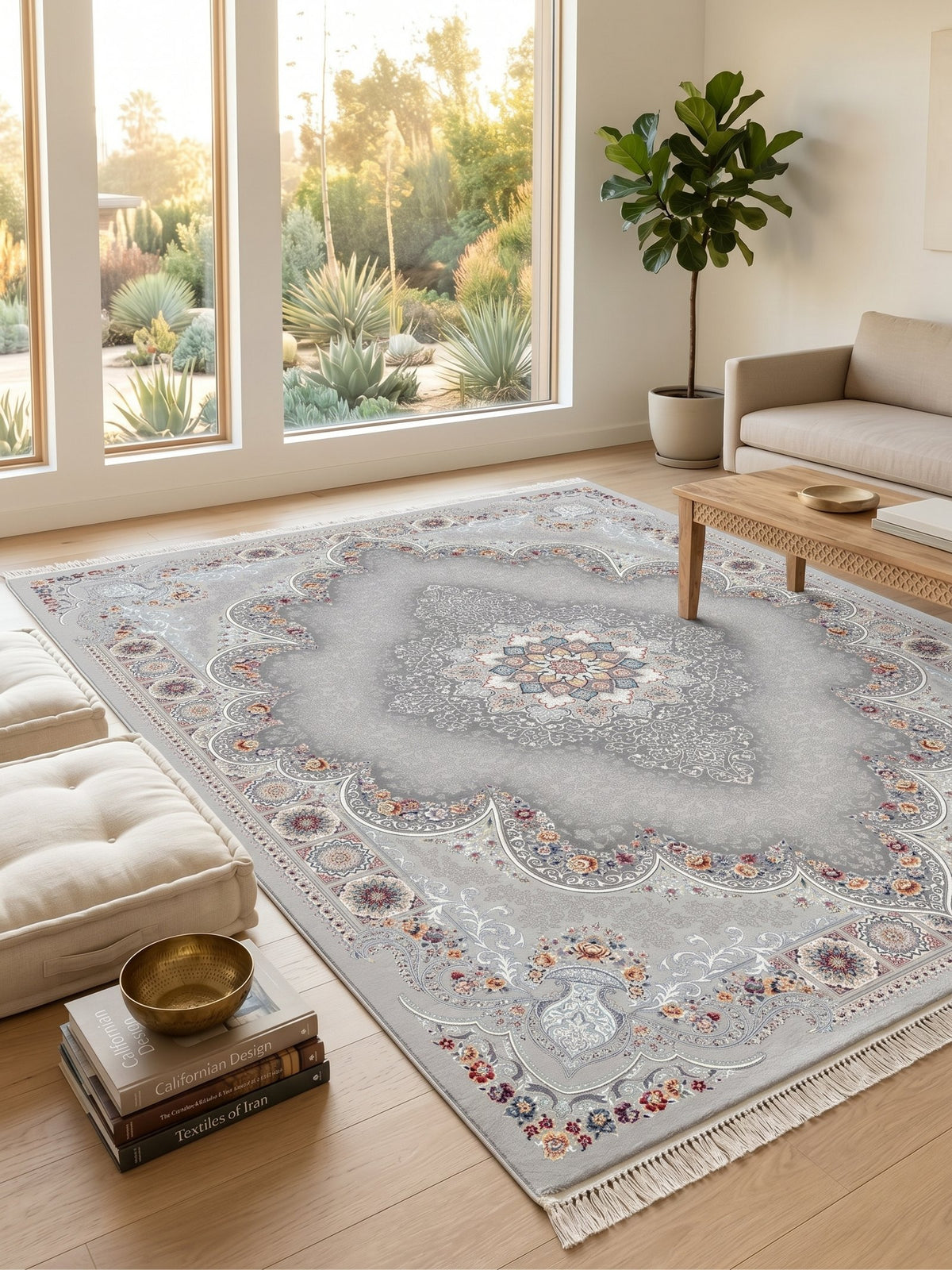 Light Gray Ornate Arch Medallion Persian Rug · 1200 Reeds — size 6.5x10 Feet (200x300 cm) 6Meters shown to scale in a living room — Stylish Rugs & Carpets, Sacramento