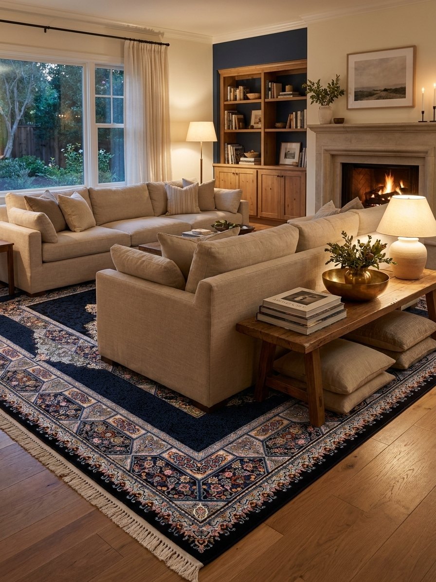 Navy Medallion Persian Rug · 1200 Reeds rug styled in a Sacramento home — Stylish Rugs & Carpets