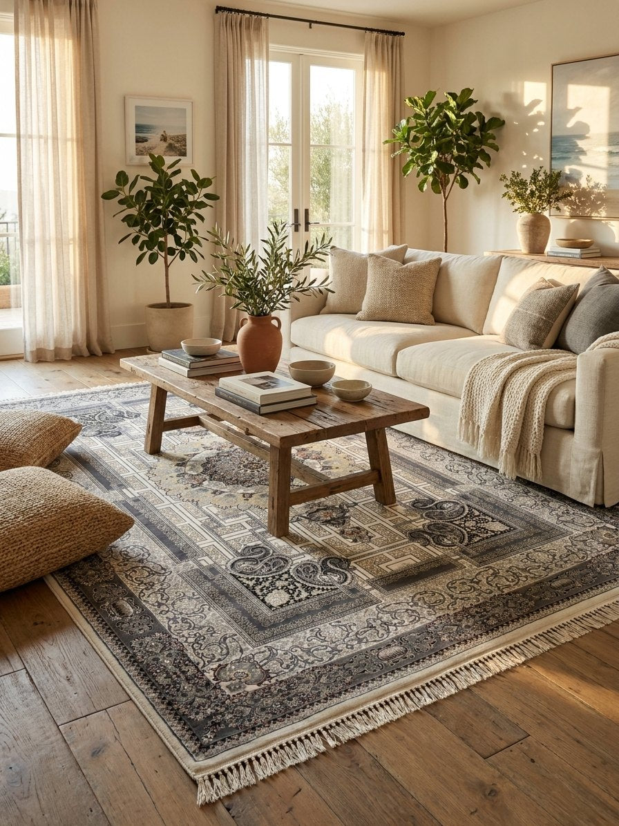 Cream Persian Design Rug — 1200 Reeds — area rug styled in a room, Stylish Rugs & Carpets, Sacramento