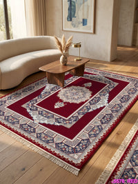 Red Traditional Medallion Persian Rug · 1200 Reeds — size 5×7.5 ft (150×230 cm) shown to scale in a living room — Stylish Rugs & Carpets, Sacramento
