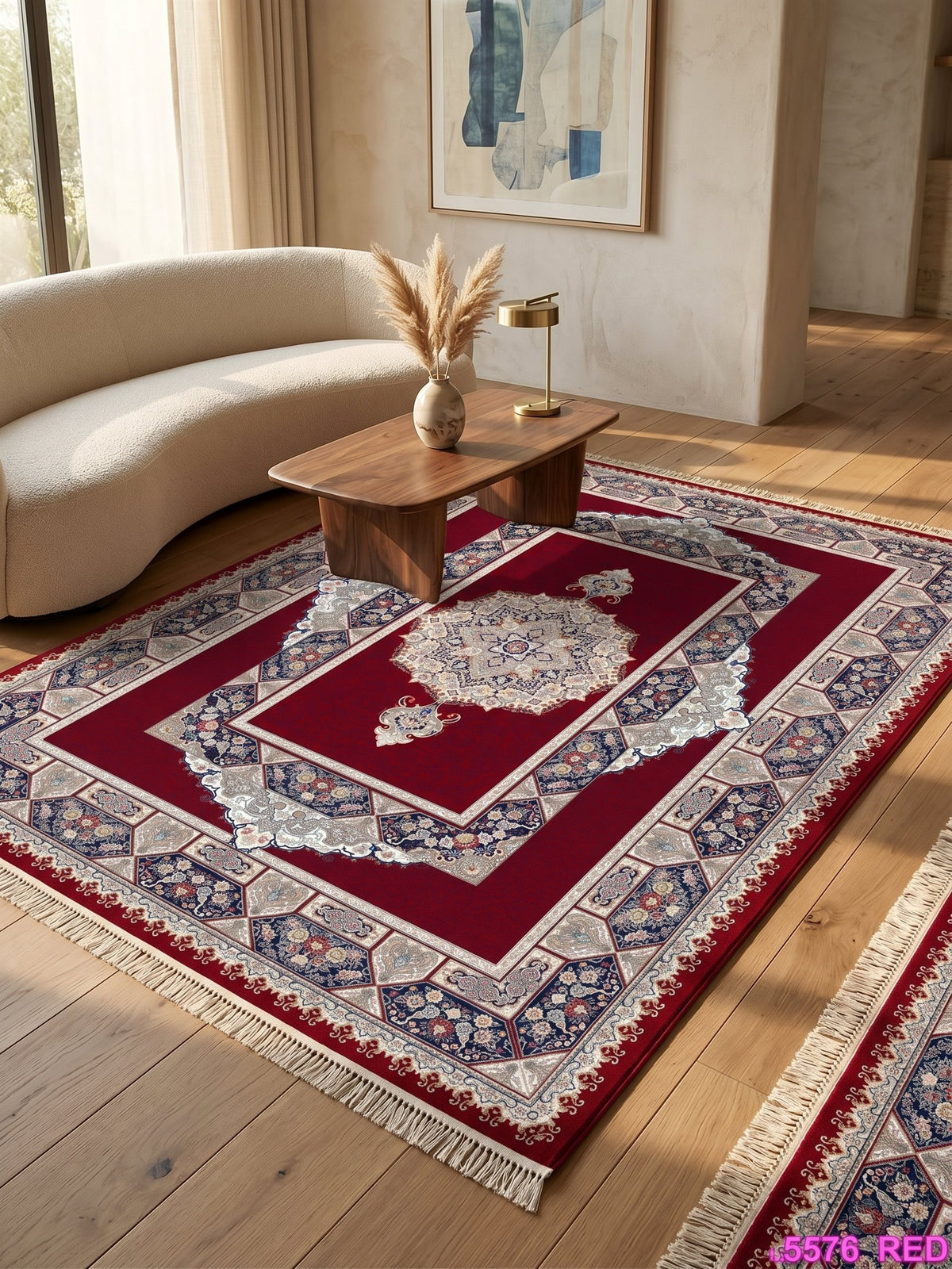 Red Traditional Medallion Persian Rug · 1200 Reeds — size 5×7.5 ft (150×230 cm) shown to scale in a living room — Stylish Rugs & Carpets, Sacramento