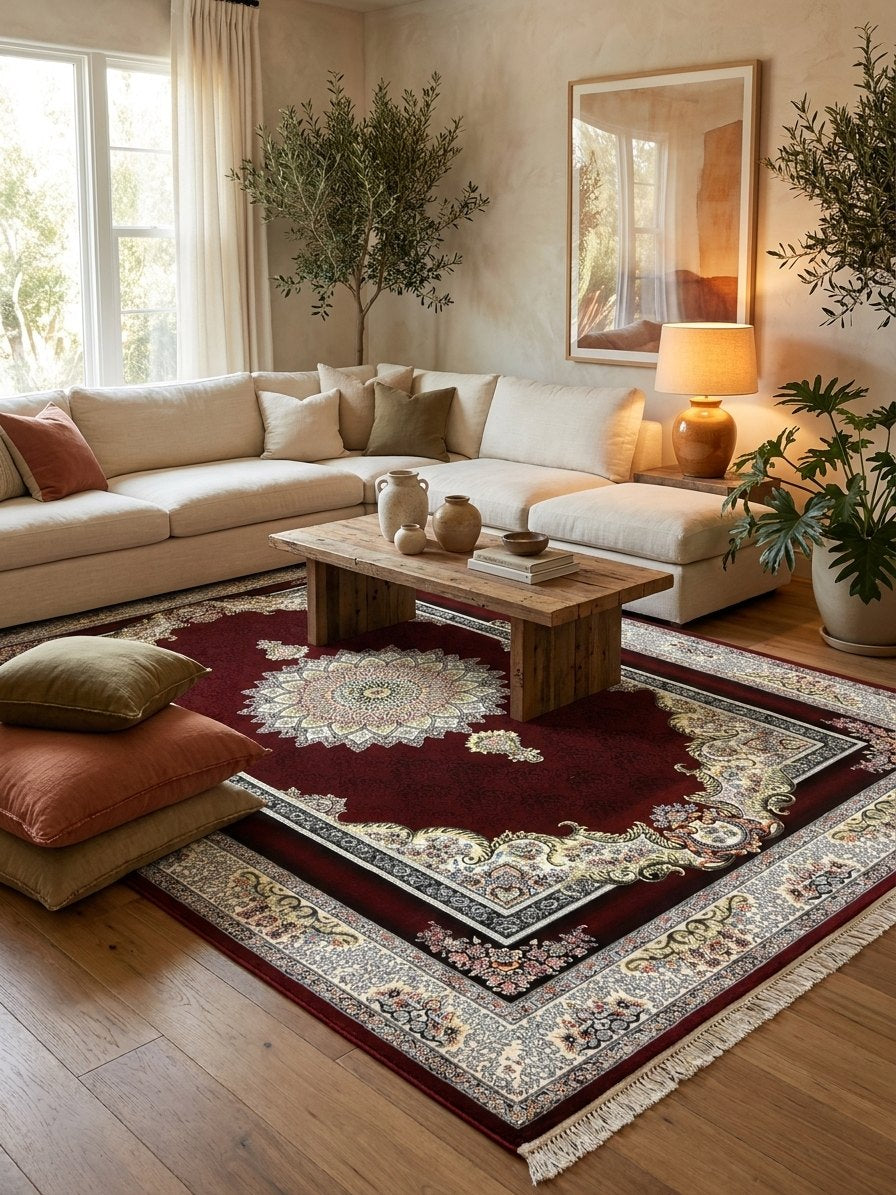 Crimson Red Floral Medallion Turkish Rug rug styled in a Sacramento home — Stylish Rugs & Carpets