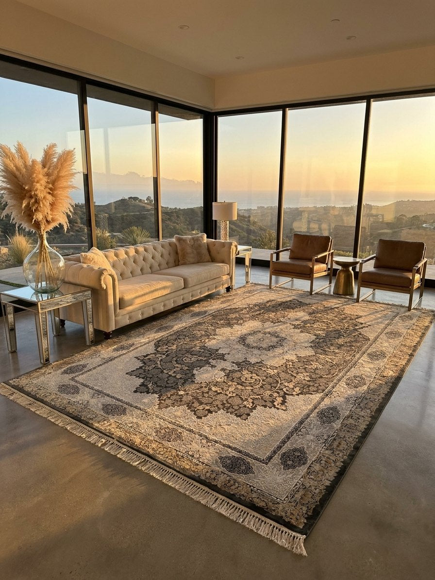 Gray & Gold Medallion Persian Rug rug styled in a Sacramento home — Stylish Rugs & Carpets