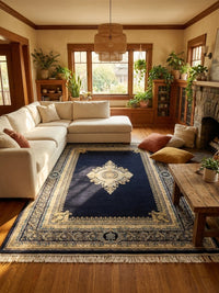 Navy Medallion Persian Rug — area rug styled in a room, Stylish Rugs & Carpets, Sacramento