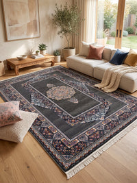 Dark Gray Classic Medallion Persian Rug · 1200 Reeds — size 10x13 Feet (300x400 cm) 12Meters shown to scale in a living room — Stylish Rugs & Carpets, Sacramento
