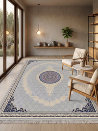 Light Silver & Gold Scroll Persian Rug · 1200 Reeds styled in a room — Stylish Rugs & Carpets, Sacramento