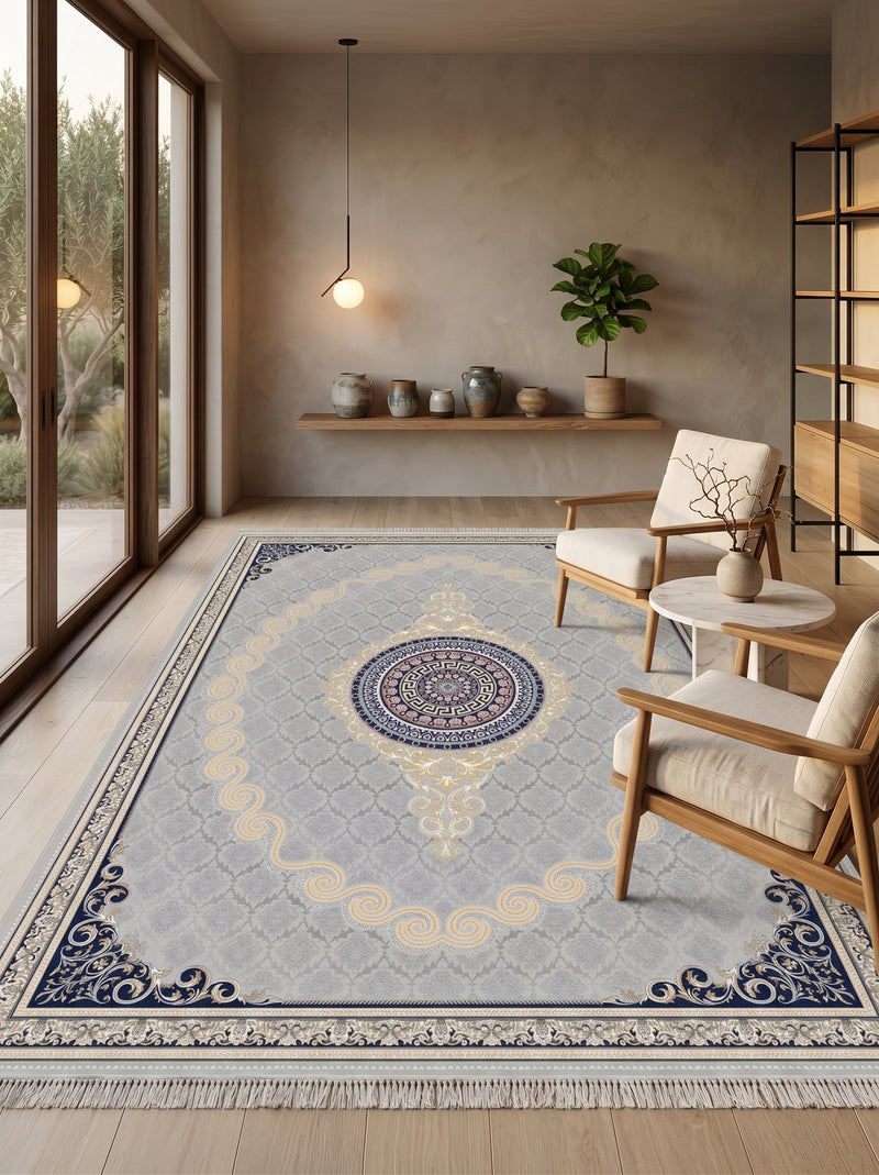 2026 Luxury Persian-Inspired Traditional Rug Light Silver Gray and Gold Scroll Medallion 1200 Reeds