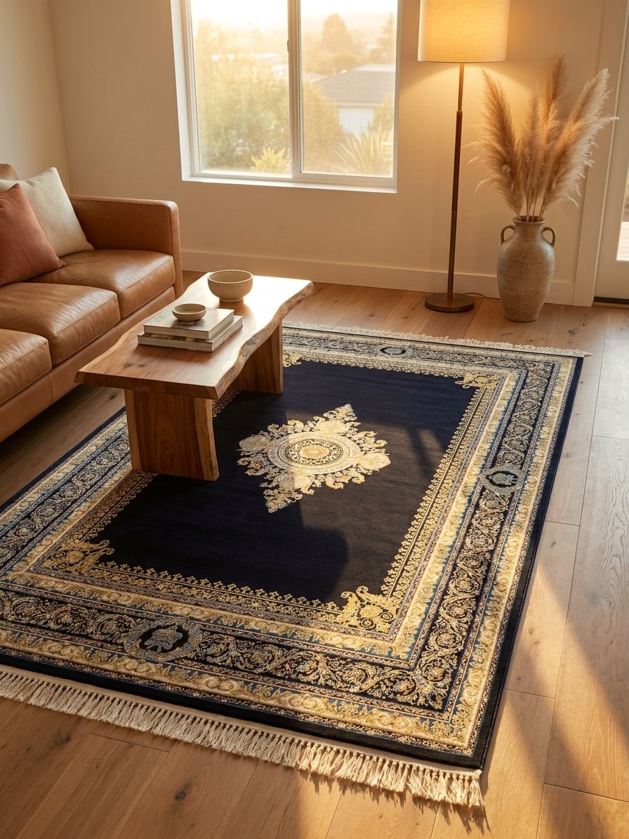 Navy Medallion Persian Rug rug styled in a Sacramento home — Stylish Rugs & Carpets