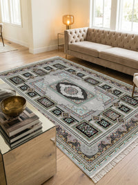 Silver Panel Persian Rug · 1200 Reeds — size 5x7.5 ft (150x230 cm) 3.5Meters shown to scale in a living room — Stylish Rugs & Carpets, Sacramento