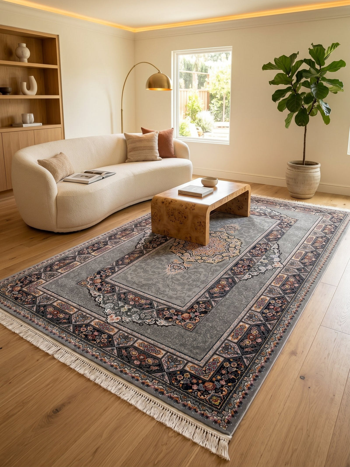 Light Gray Traditional Medallion Persian Rug · 1200 Reeds — size 3x13 Feet (91x400 cm) 4Meters Runner shown to scale in a living room — Stylish Rugs & Carpets, Sacramento