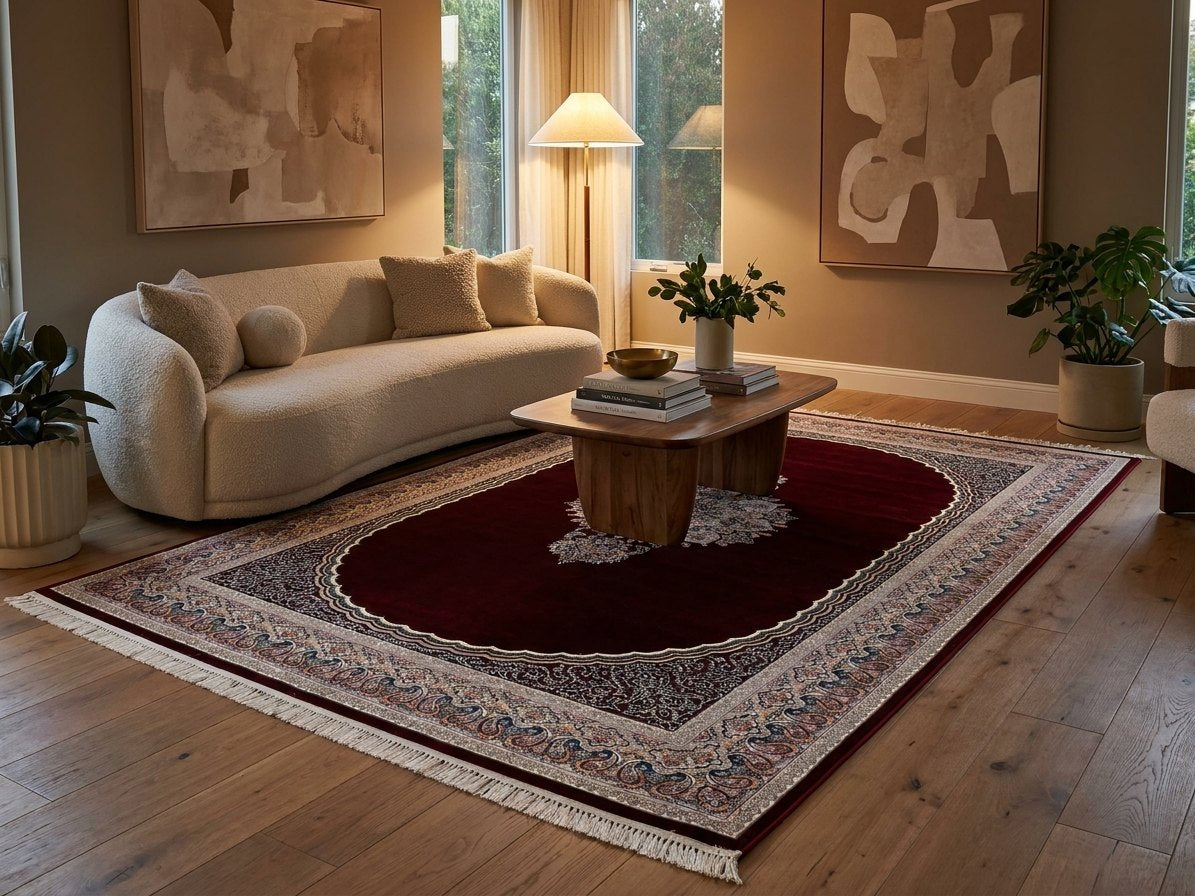 Burgundy Medallion Persian Rug · 1200 Reeds rug styled in a Sacramento home — Stylish Rugs & Carpets