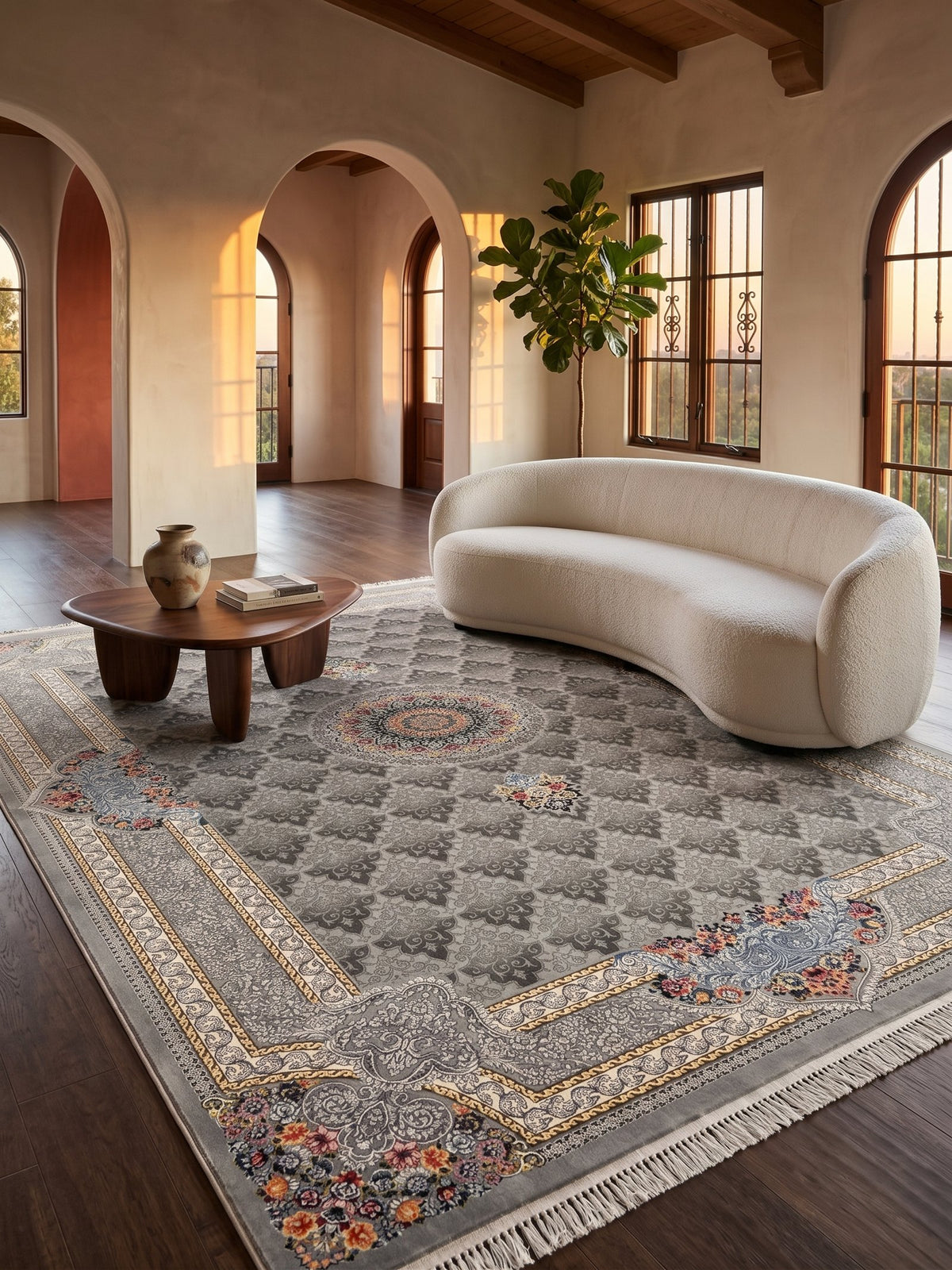 Light Gray Central Medallion Persian Rug · 1200 Reeds styled in a room — Stylish Rugs & Carpets, Sacramento