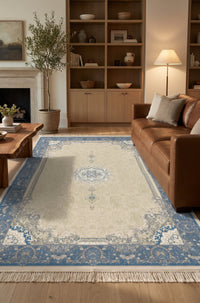 Ivory & Blue Star Medallion Rug - Shadow Art Silk — area rug styled in a room, Stylish Rugs & Carpets, Sacramento