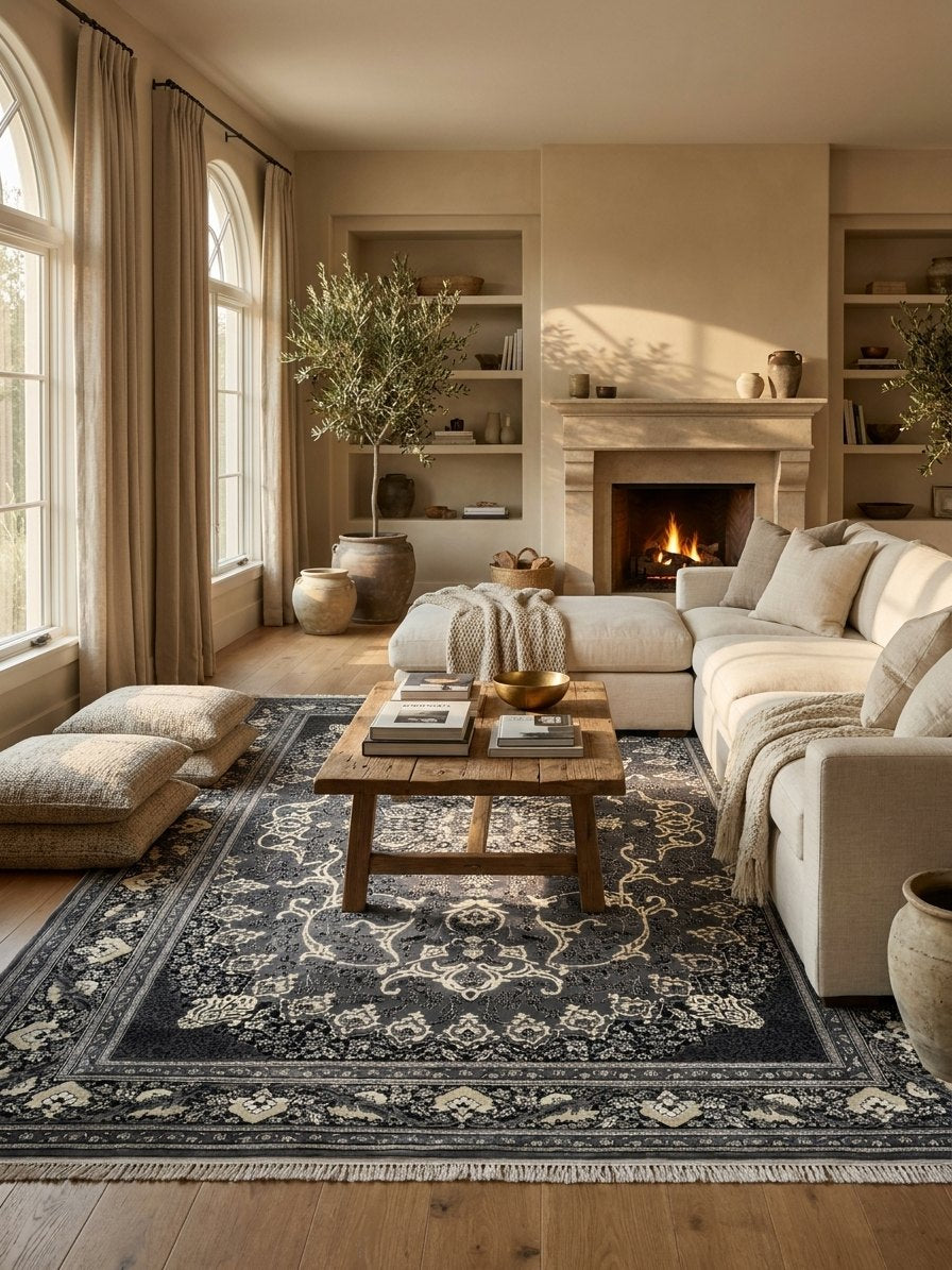 Gray Persian Design Rug — 1200 Reeds — area rug styled in a room, Stylish Rugs & Carpets, Sacramento
