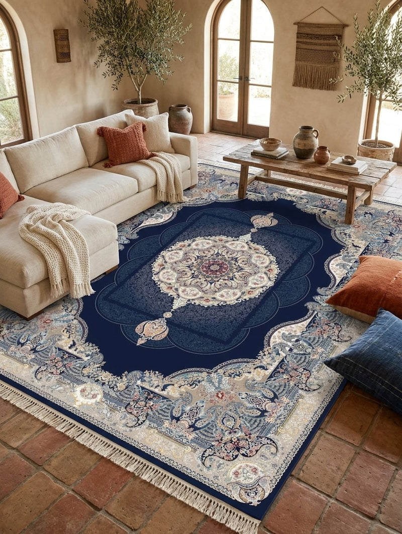 2026 navy blue Persian-inspired traditional rug with royal medallion, 1200 reeds, detailed floral border