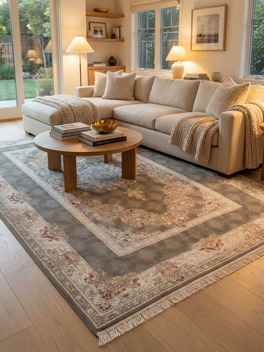 Classic Gray Medallion Persian Rug · 2M Points rug styled in a Sacramento home — Stylish Rugs & Carpets