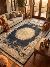 Persian Classic Carpet with Navy Background, Golden Medallion, and Cream Floral Borders rug styled in a Sacramento home — Stylish Rugs & Carpets