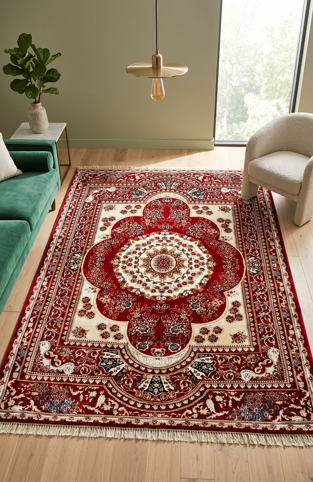 Red & Cream Persian Floral Rug — size 8.2x11.5 Feet (250x350 cm) shown to scale in a living room — Stylish Rugs & Carpets, Sacramento